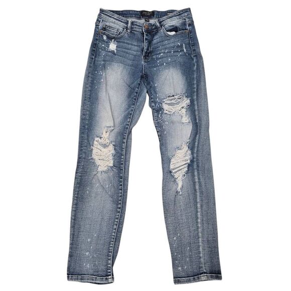 Judy Blue Boyfriend Fit Jeans Women's 7/28 Blue Paint Spatter Distressed Stretch - Picture 1 of 7